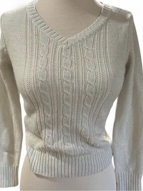Cream Cable-Knit V-Neck Sweater